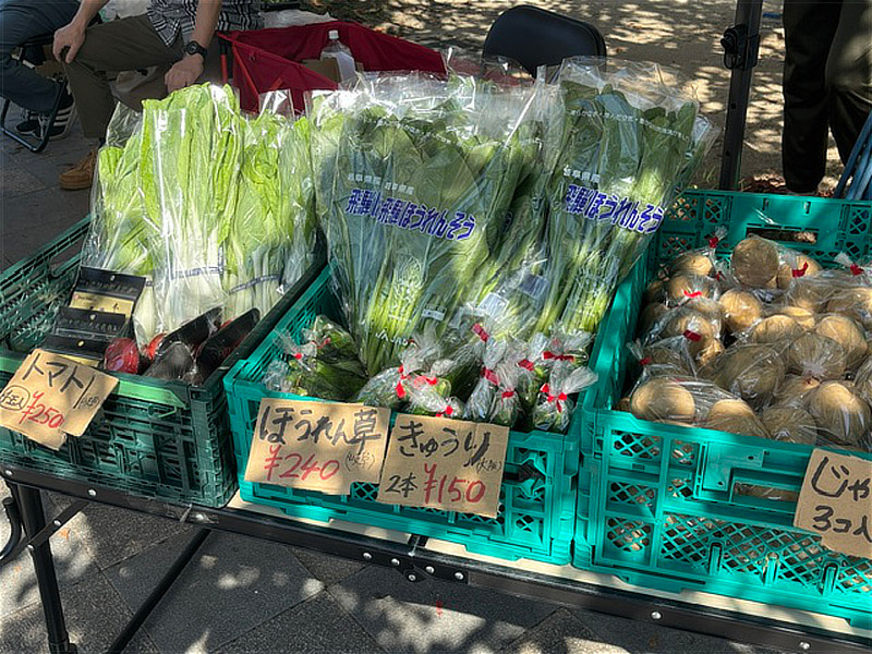 マルシェの野菜販売ブースに並ぶ、ほうれん草やきゅうり、玉ねぎ、トマトなどの新鮮な野菜。